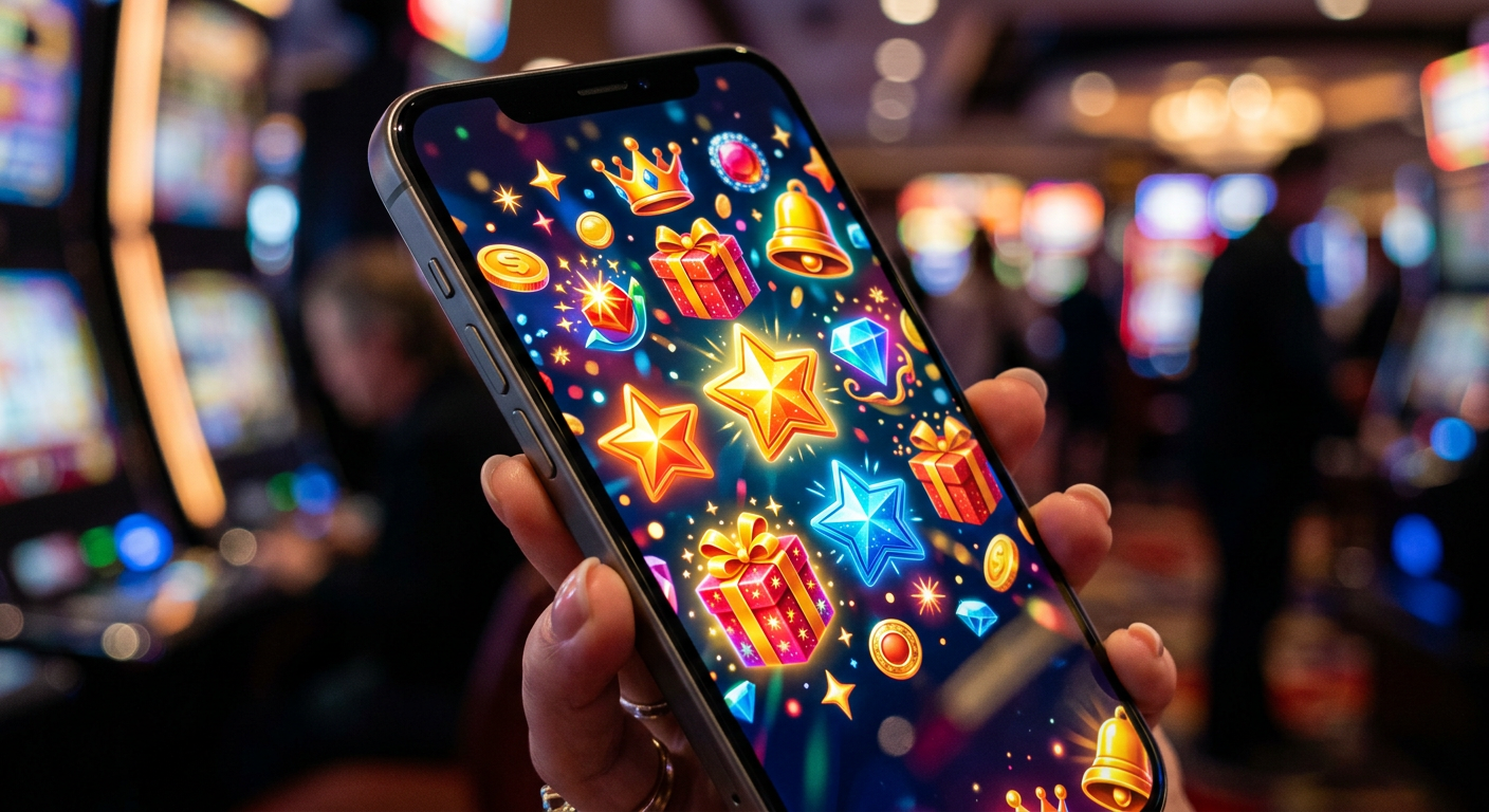 A smartphone displaying various online casino casino bonus icons like vouchers and spinning wheels against a colorful background.
