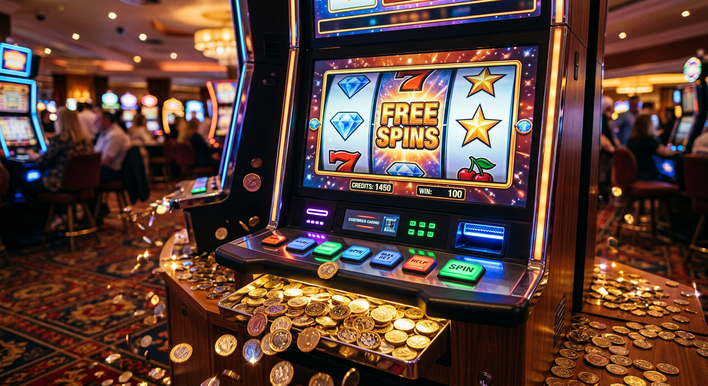 A vibrant and exciting image showing a slot machine with "FREE SPINS" prominently displayed on the reels, surrounded by spark